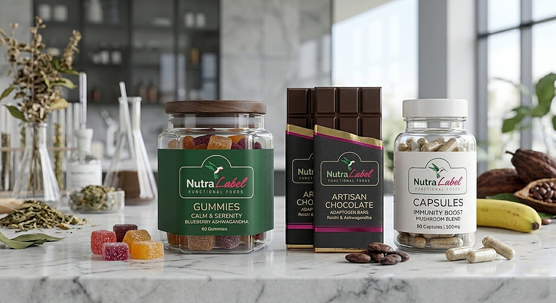 Custom functional chocolate bars, calm & serenity gummies, and immunity boost capsules manufactured under your brand by NutraLabel
